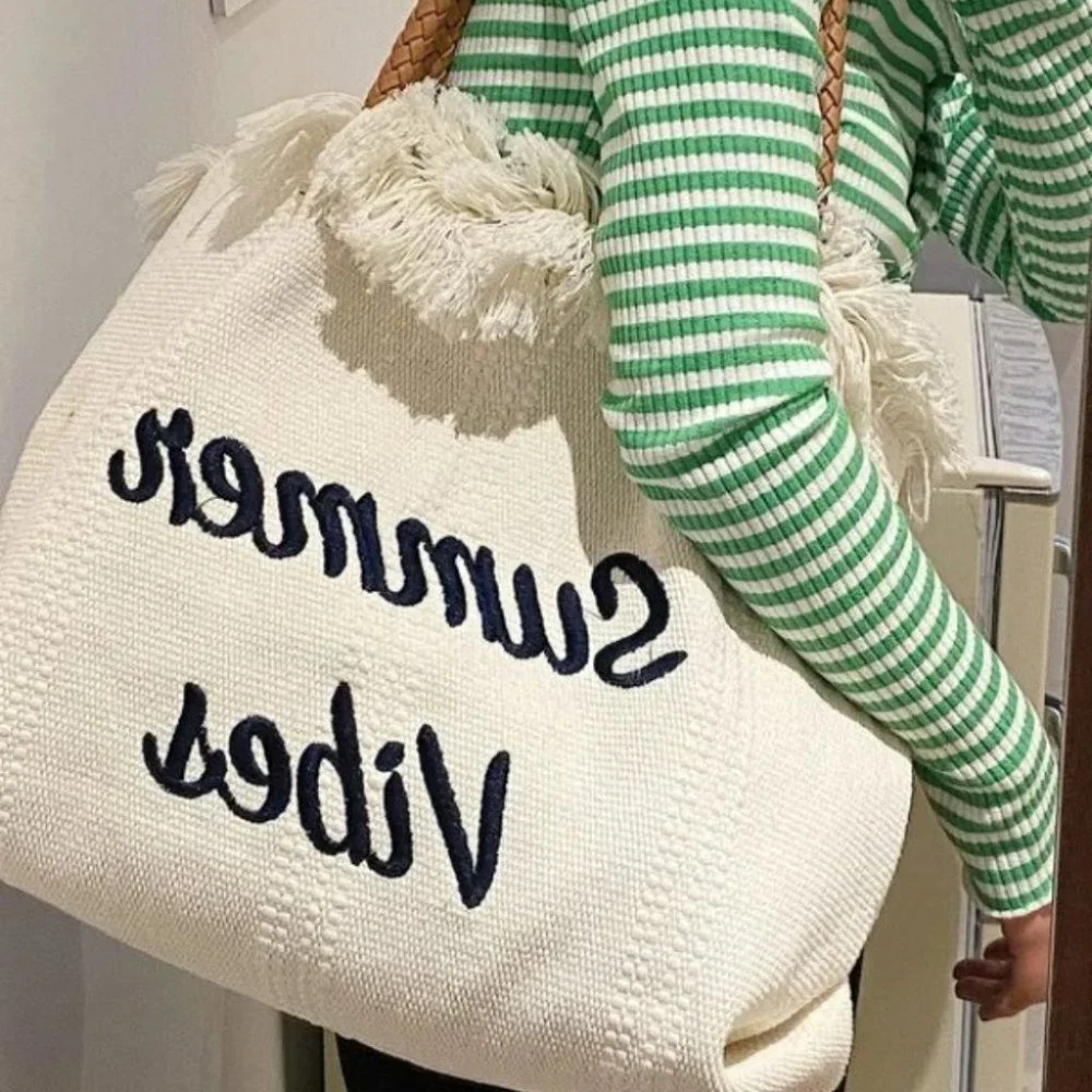 Letter Embroidered Fringe Trim canvas Crochet Bag - Picture 2 of 8